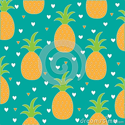 Pineapple seamless background. Yellow pineapple drawing. Cute hearts background. Stock Photo
